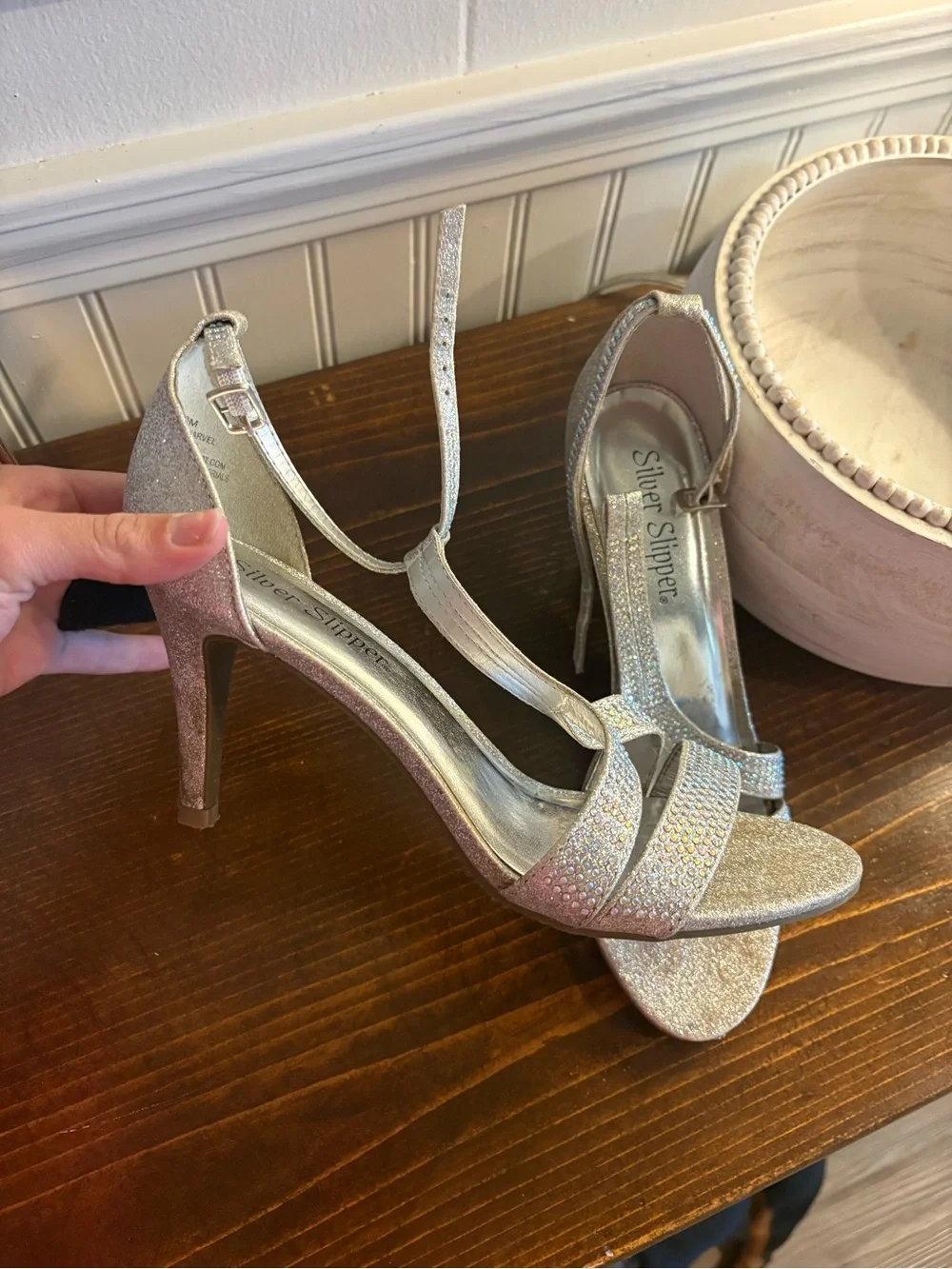 Silver Slipper® Glitter Ankle-Strap Heels in Silver